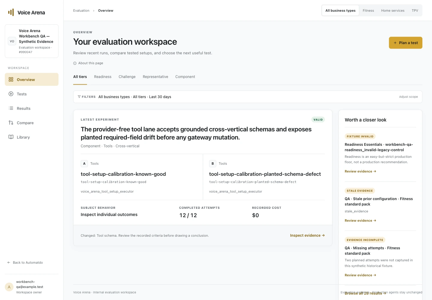 Voice Arena overview comparing two tool configurations, with completed attempts and evidence that needs review.