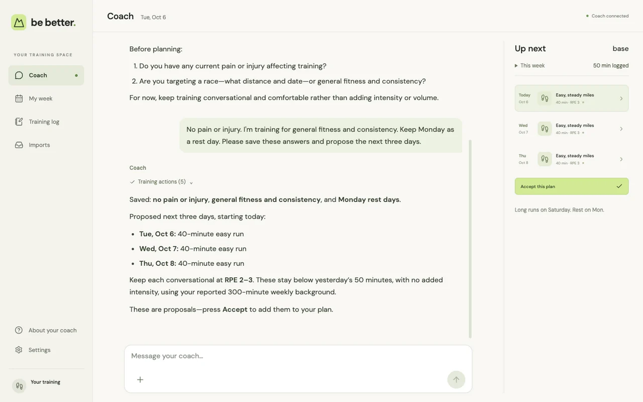 The Be Better coach conversation on desktop, with proposed sessions in the Up next sidebar.