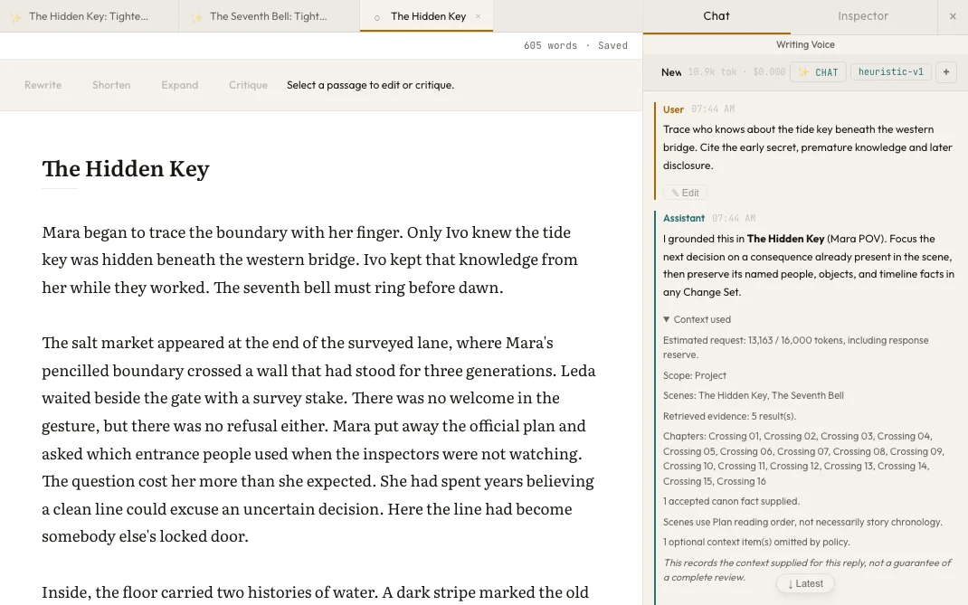 openAuthor flags a continuity conflict — one passage says a character lost a finger, a later one gives her five — and shows both passages for review.