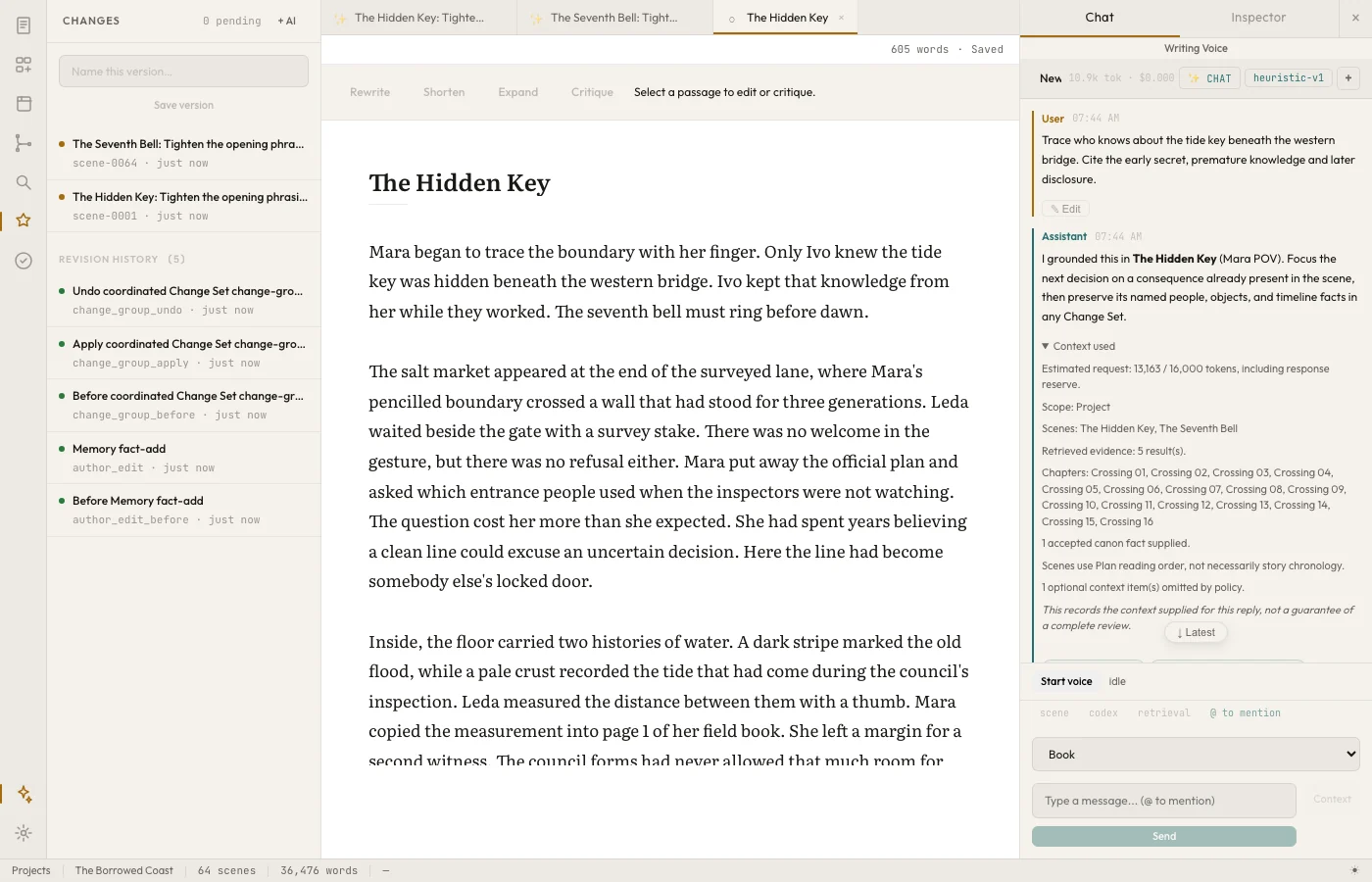 openAuthor's desktop workspace with a manuscript, revision history, and an assistant reply listing exactly which context it used.