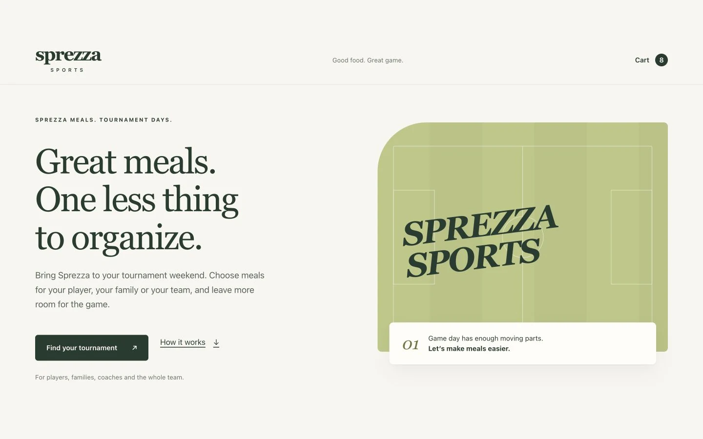 The Sprezza Sports landing page — Great meals. One less thing to organize. — with a call to find your tournament.