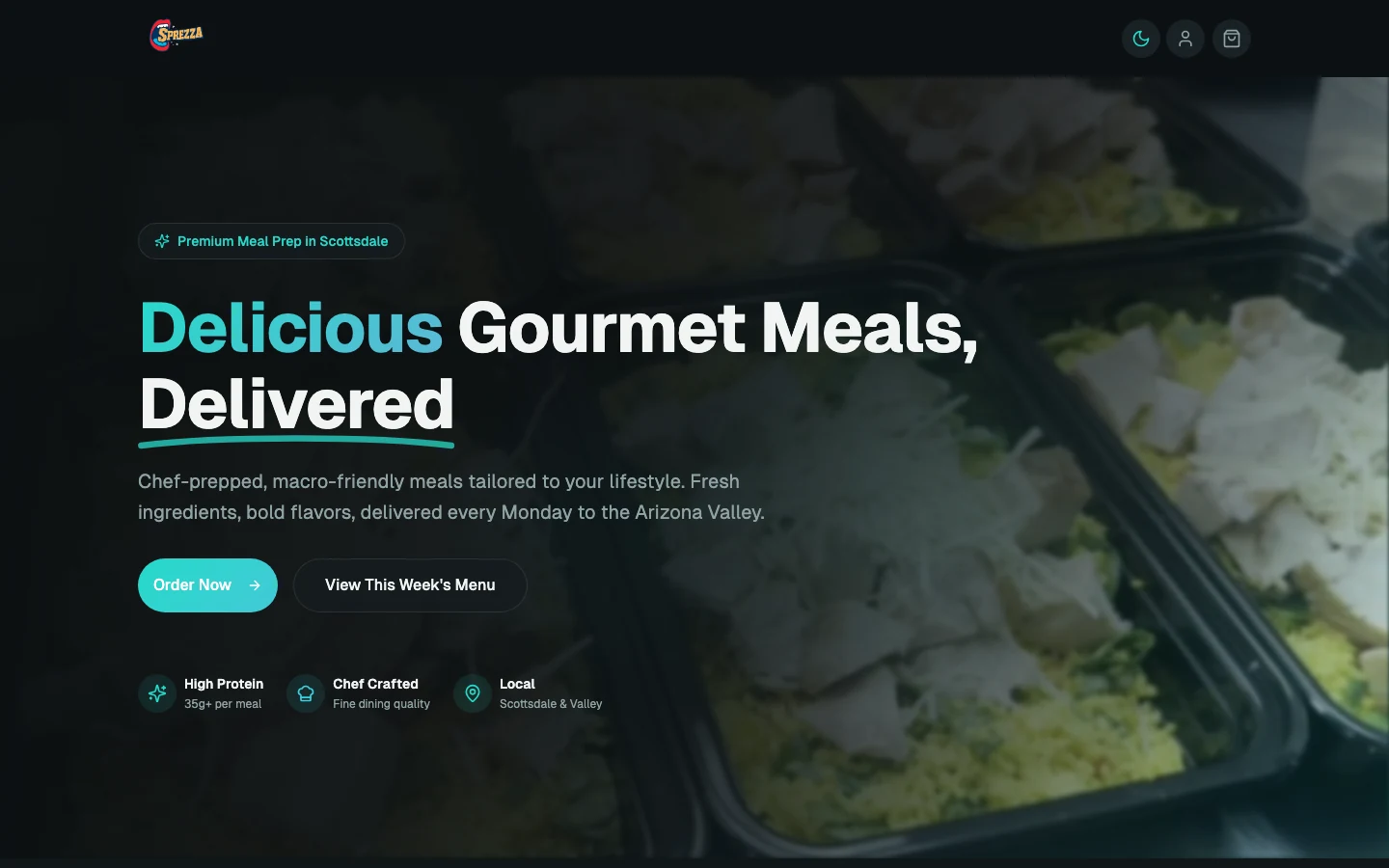The Sprezza Meals storefront hero — Delicious gourmet meals, delivered — over a photo of prepared meal containers.